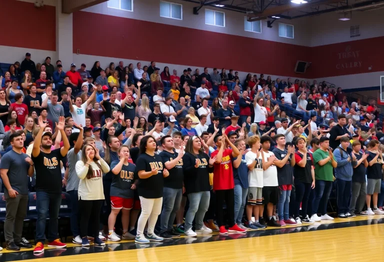 Fans cheering in a high school basketball game