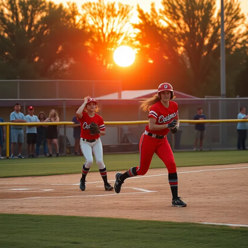 High school softball players in action during a game.