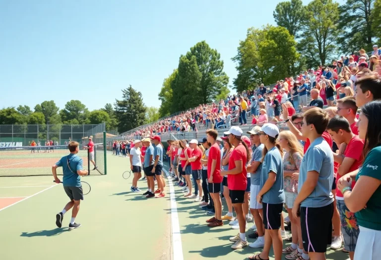 High school tennis and track teams competing with spectators cheering.