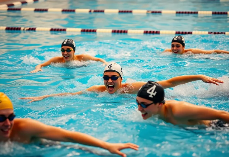 A group of college swimmers competing in a meet