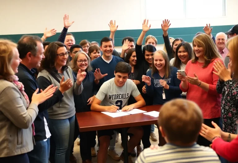 Celebration of an athlete signing a letter of intent with family and supporters