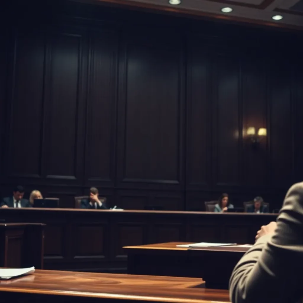 Courtroom scene depicting serious legal proceedings