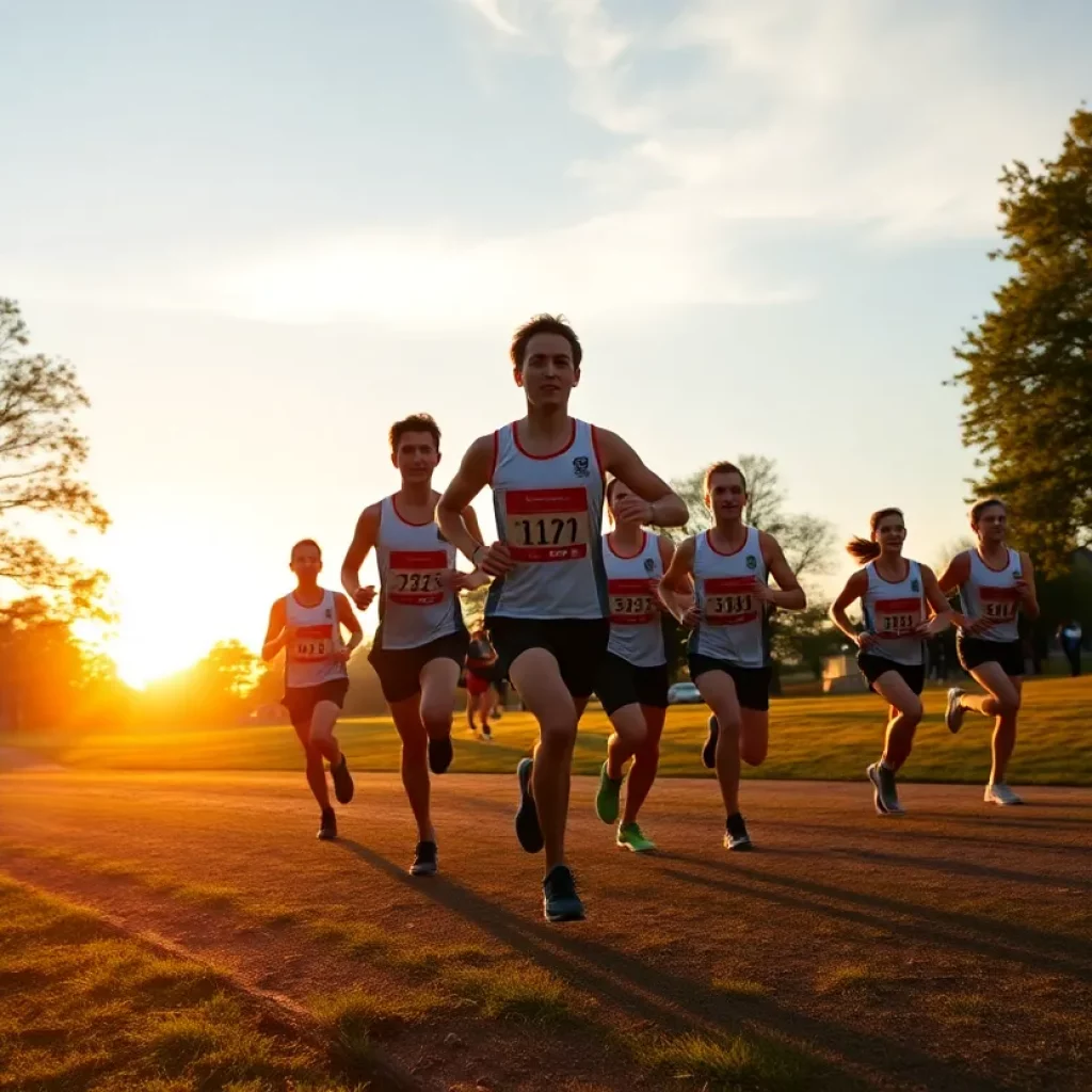 Sunset view of a cross country running scene with athletes competing.