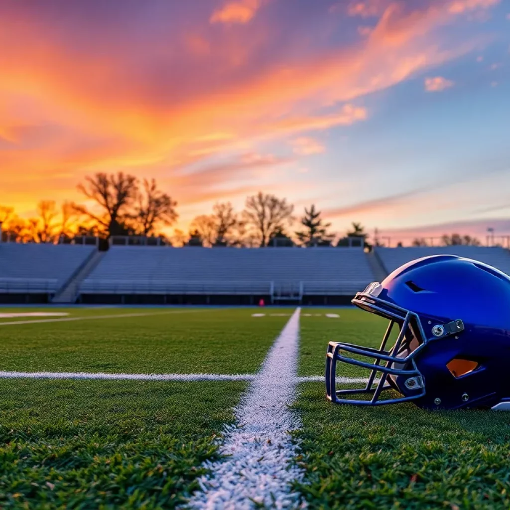 Empty football field with sunset background