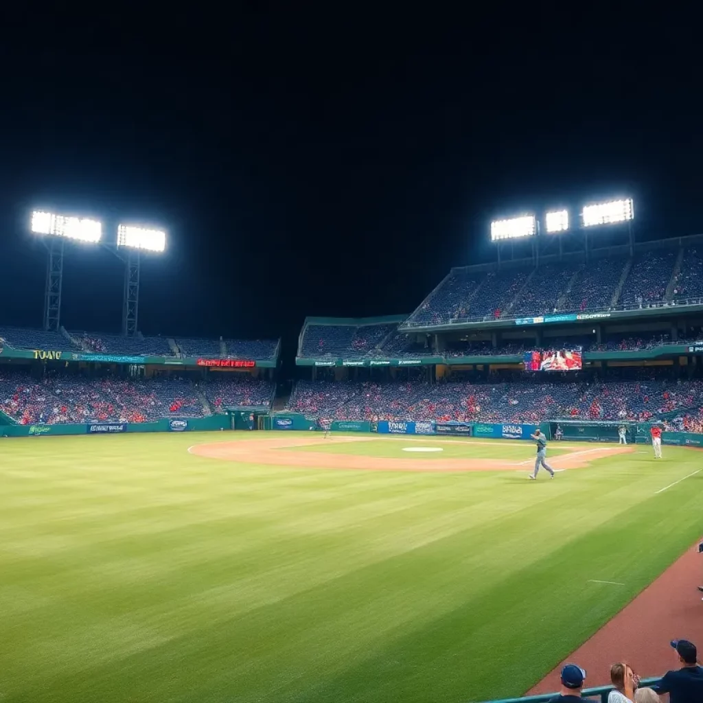 A vibrant night view of the all-artificial turf baseball stadium at Salesianum School, filled with players and cheering fans.
