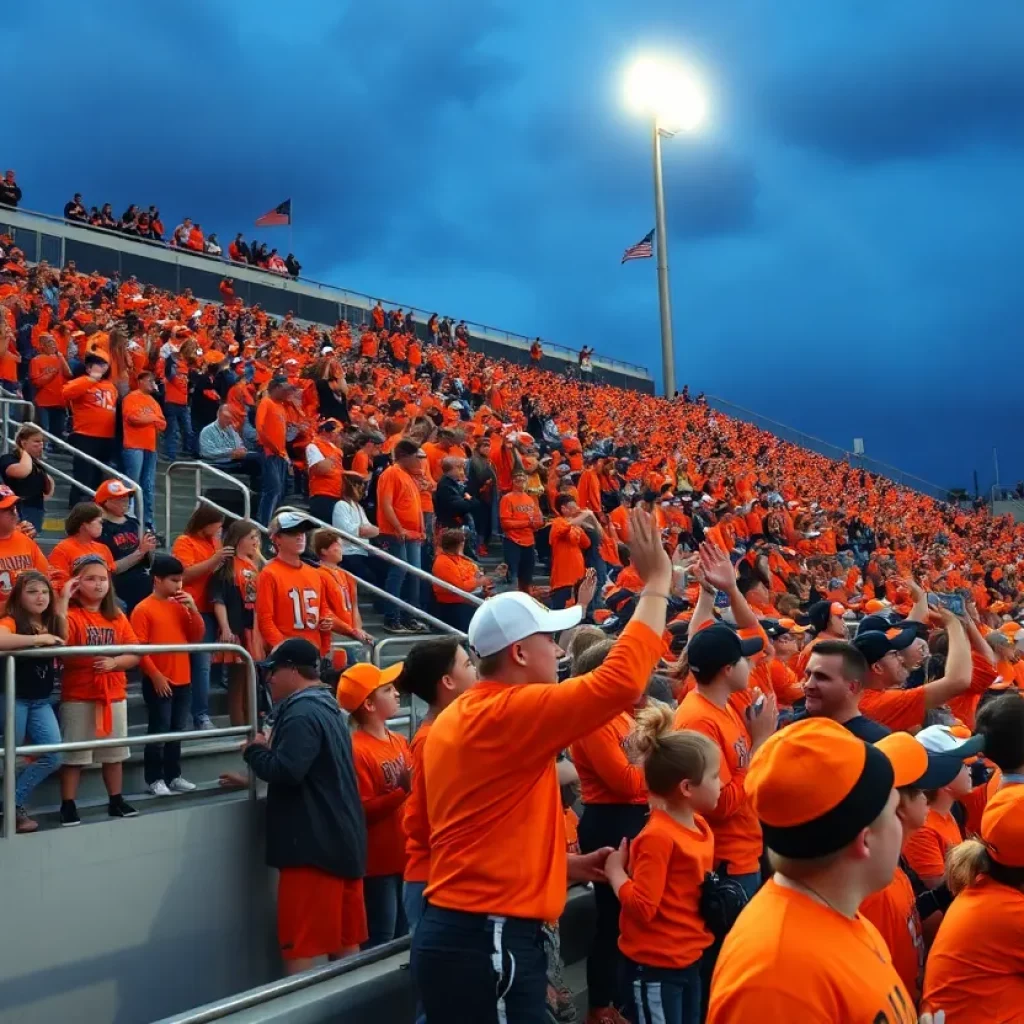 Fans cheering at a Denton Guyer Wildcats football game