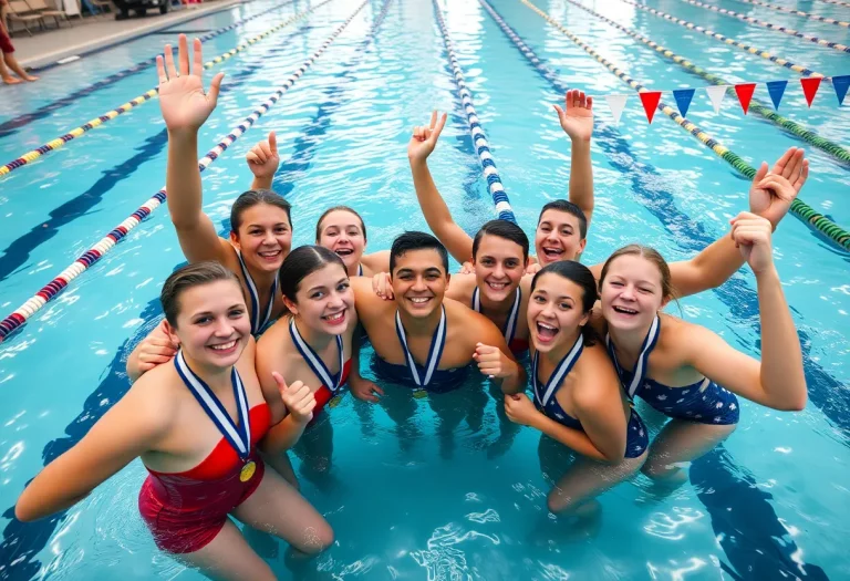 University of Detroit Jesuit swim team celebrating victory at a championship.