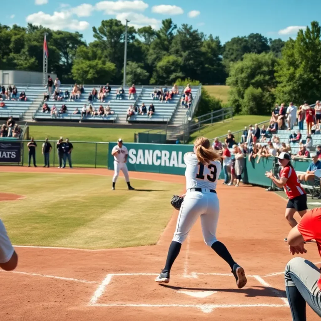 Action shot of a softball game during the DIAA Tournament