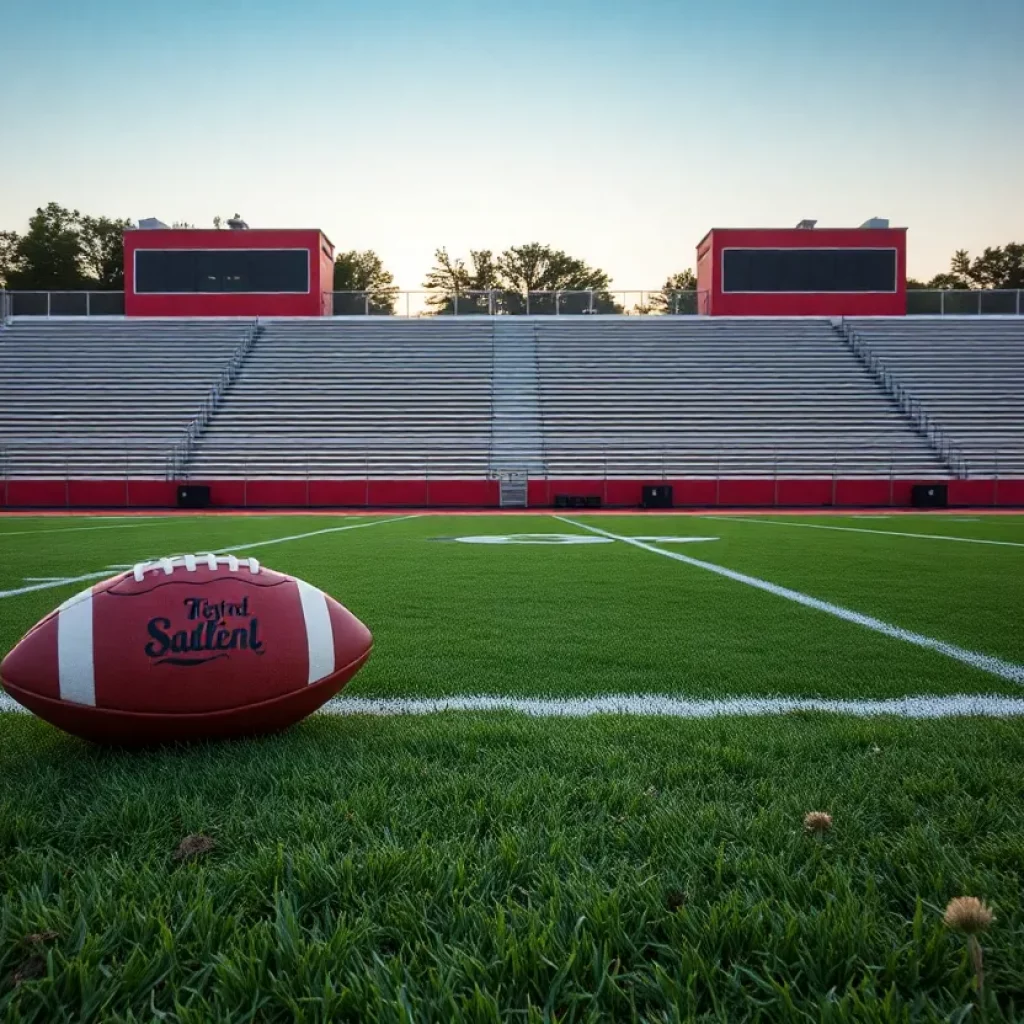 D.W. Daniel High School football field at sunset