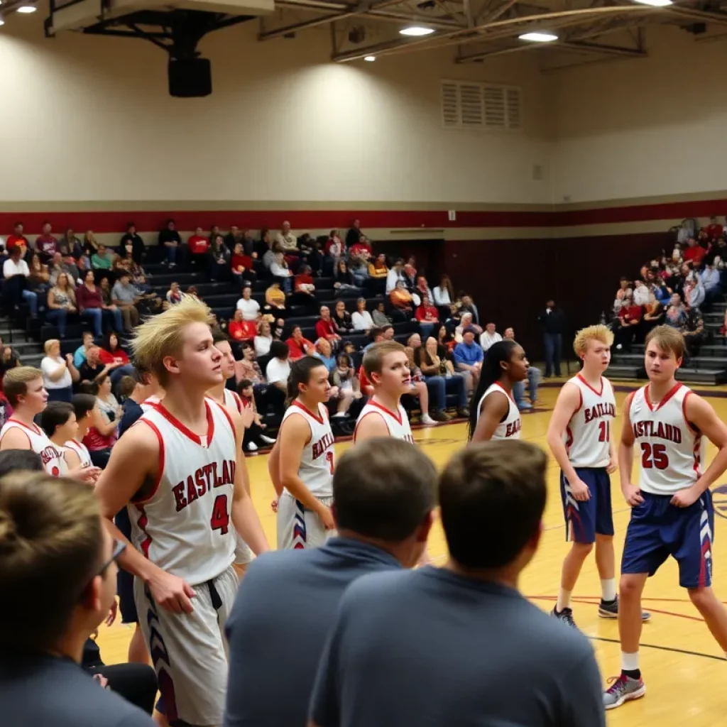 Eastland High School basketball team celebrating after their victory against Pecatonica