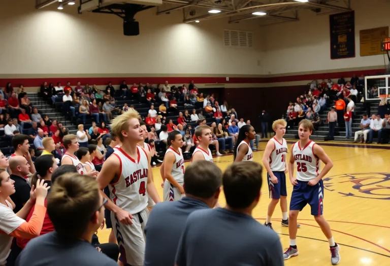 Eastland High School basketball team celebrating after their victory against Pecatonica