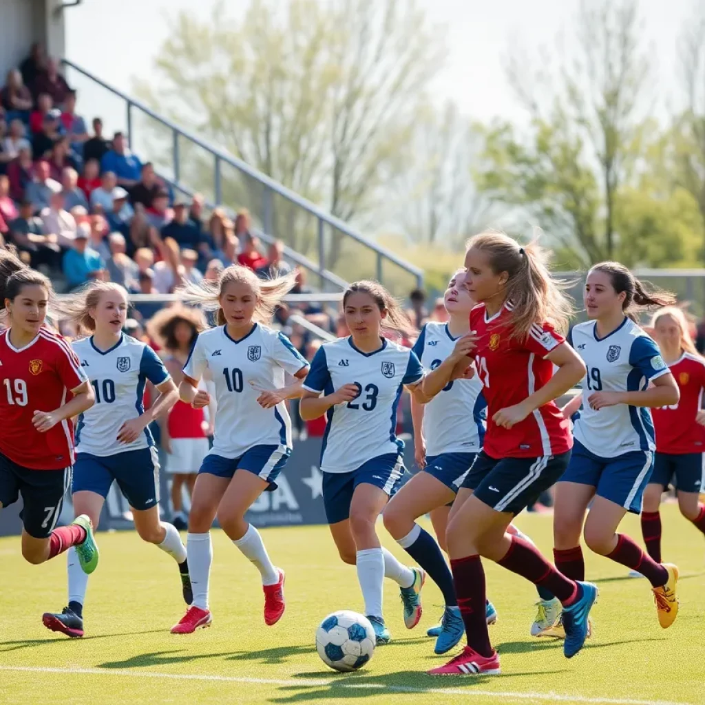 High school soccer teams in action during a game