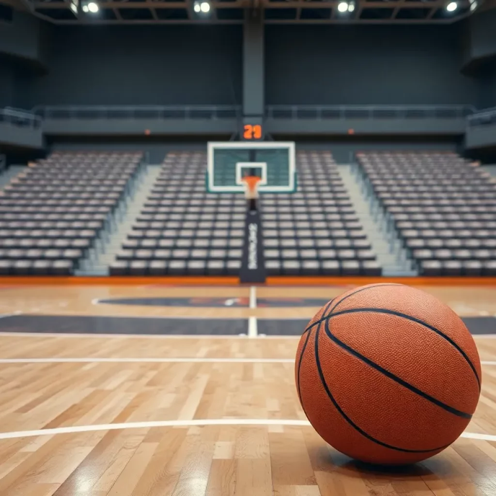An empty basketball court with a single basketball on the ground.