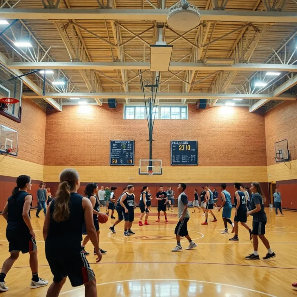 Fargo North High School basketball team practicing on a court