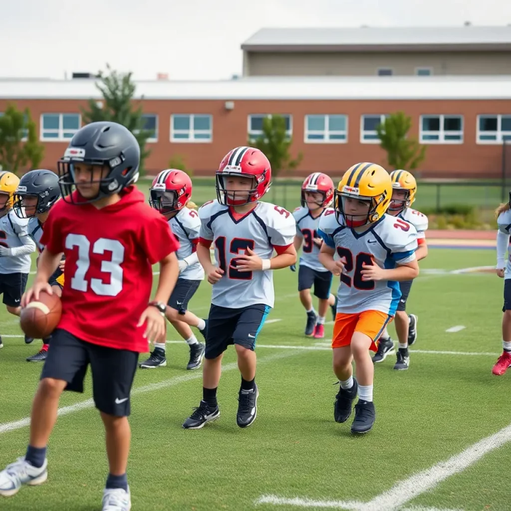 Middle school students practicing football on a field