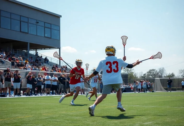 Players engaging in a high-energy lacrosse match