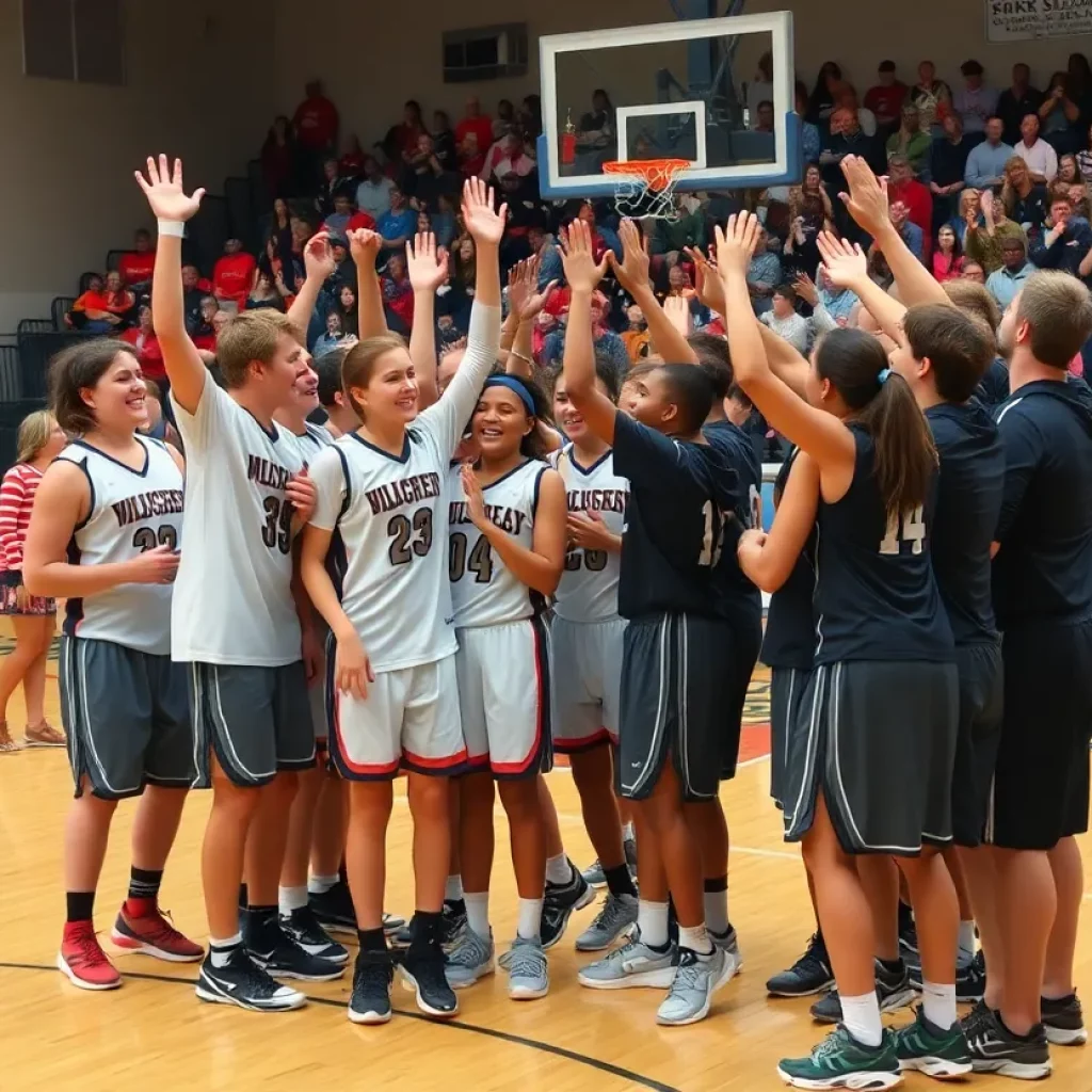 Fishers Tigers basketball team celebrating a win on the court
