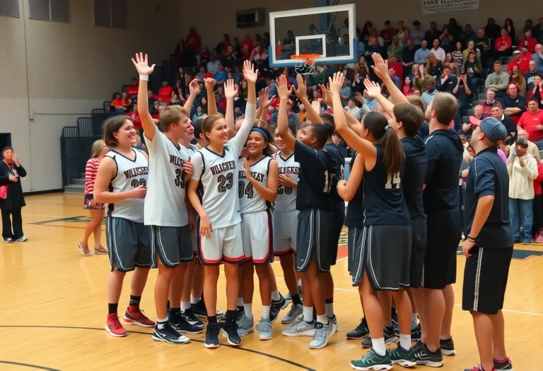 Fishers Tigers basketball team celebrating a win on the court