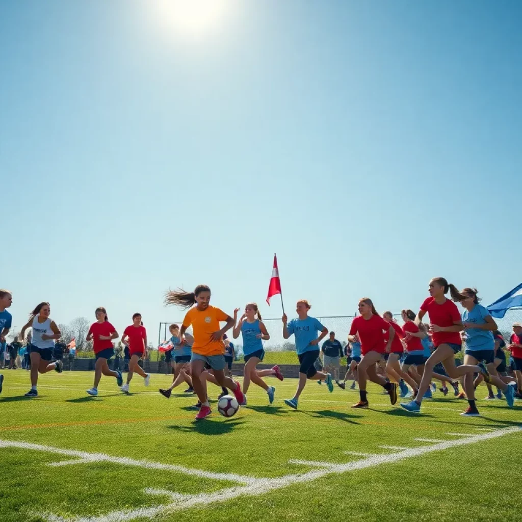 Young female athletes practicing flag football at the kickoff event