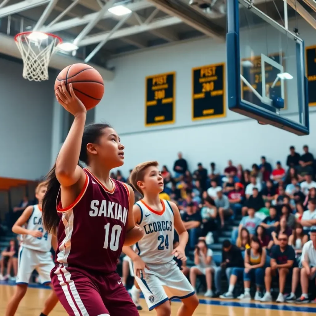 Young athletes playing basketball in a high school game in Florida