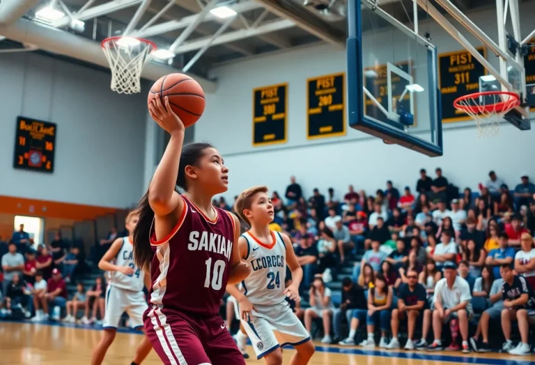 Young athletes playing basketball in a high school game in Florida