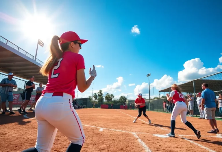 High school softball players in action during a game in Florida.