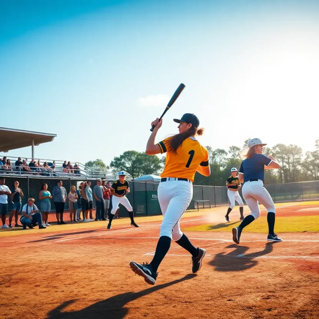 Students competing in a high school softball game under bright sunshine in Florida.