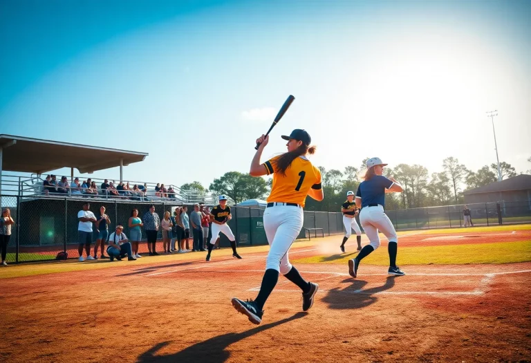 Students competing in a high school softball game under bright sunshine in Florida.