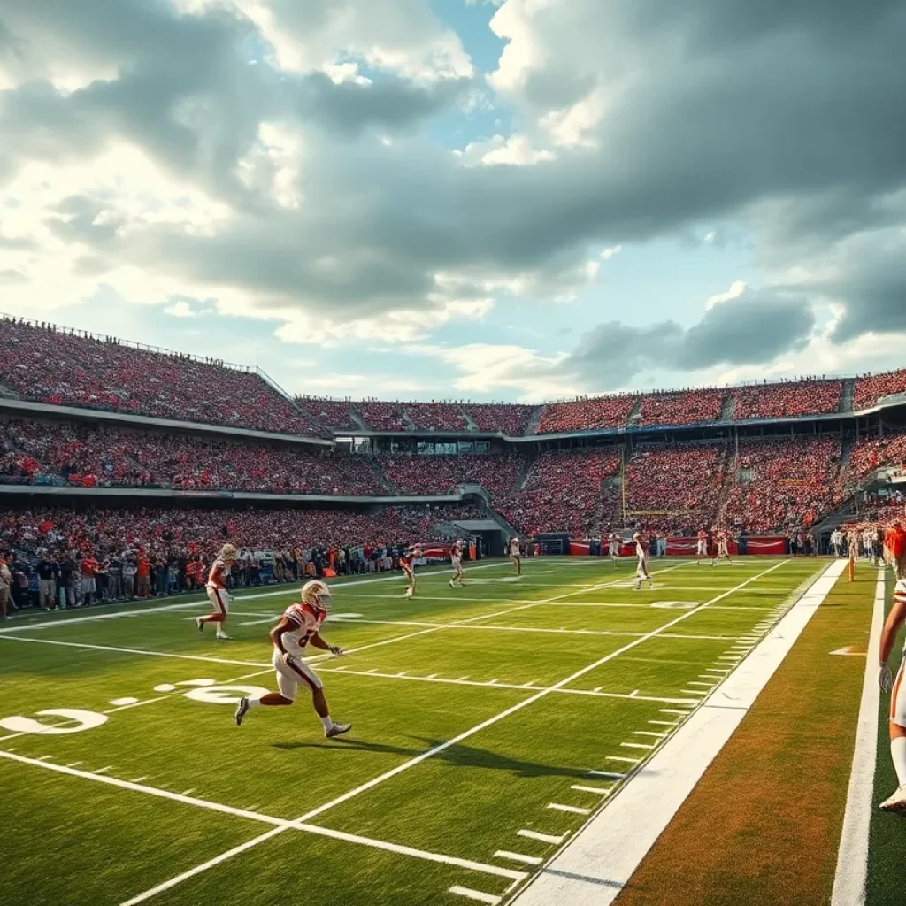 Football field with players in action and a cheering crowd.