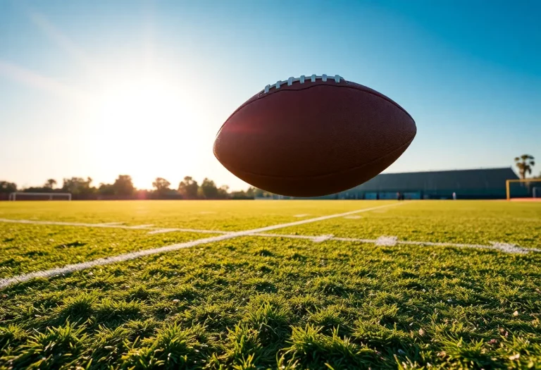 A football field under a bright sky representing high school football