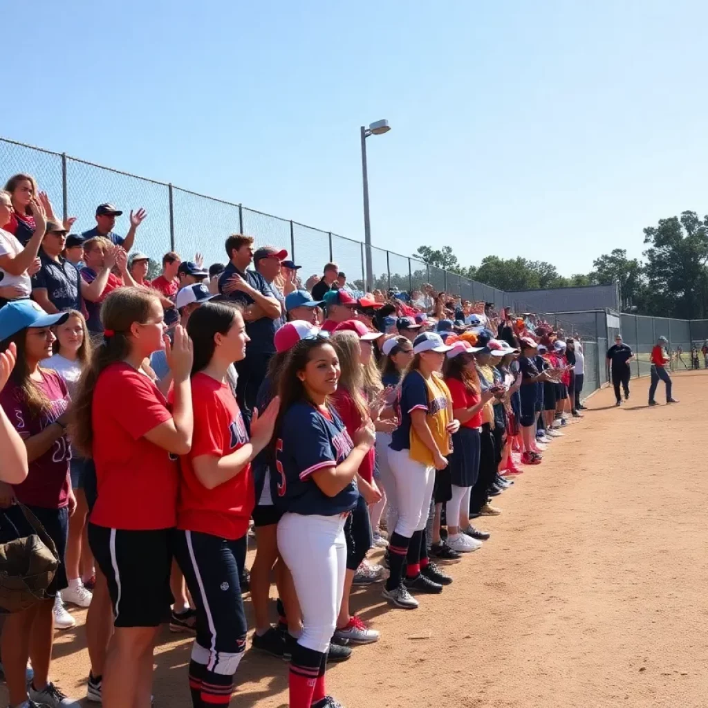 A high school softball game in Gainesville with players in action and cheering fans