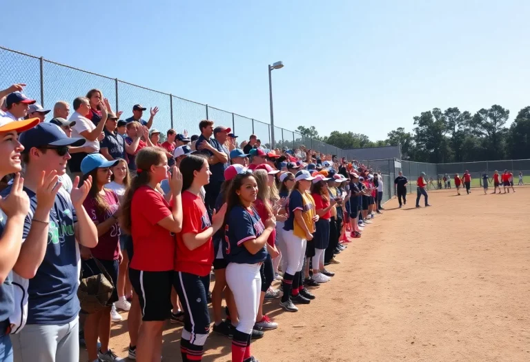 A high school softball game in Gainesville with players in action and cheering fans