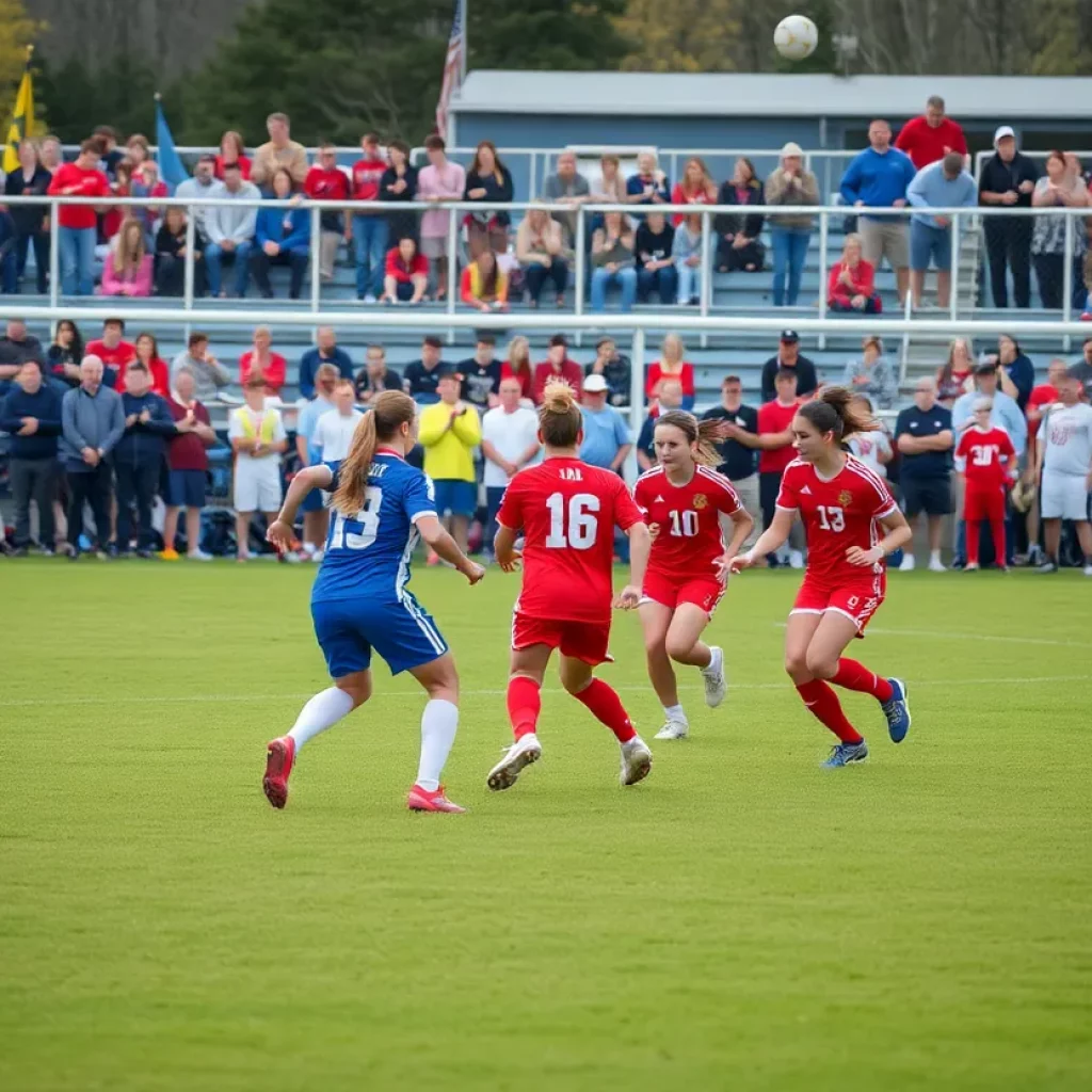 High school soccer players from Gering and Scottsbluff competing on the field