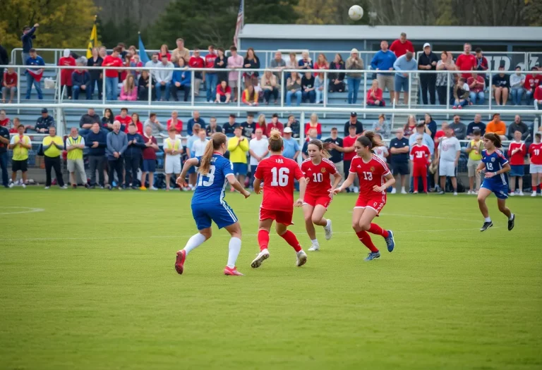 High school soccer players from Gering and Scottsbluff competing on the field