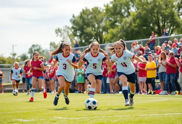 Young girls participating in a flag football game, displaying teamwork and energy.