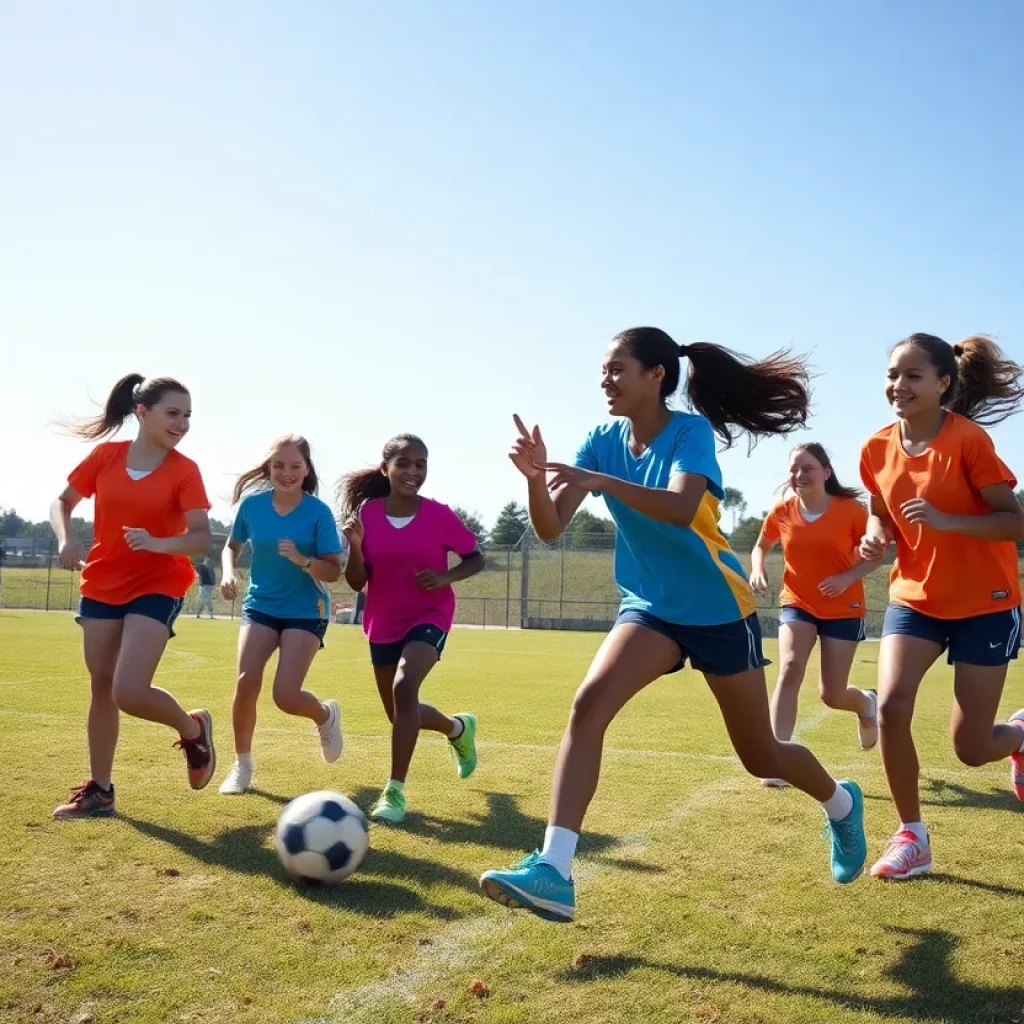 Young female athletes participating in flag football