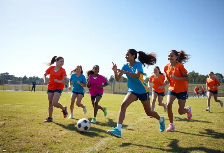 Young female athletes participating in flag football