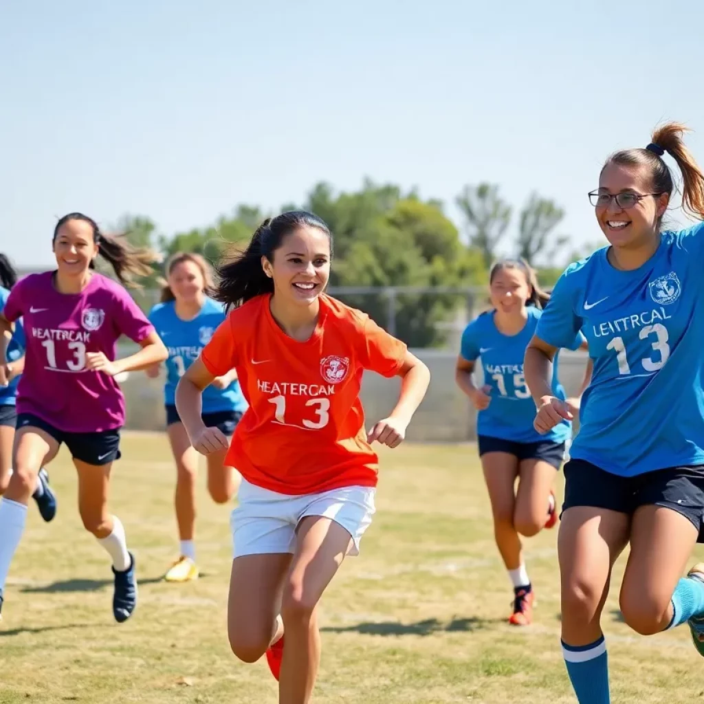 Girls flag football players displaying teamwork and excitement on the field.
