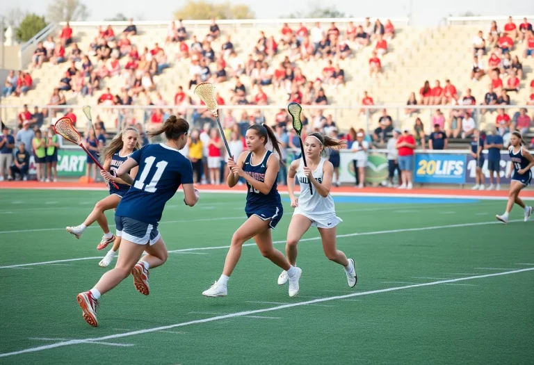 A dynamic scene of young female lacrosse players in action on a sunny day.