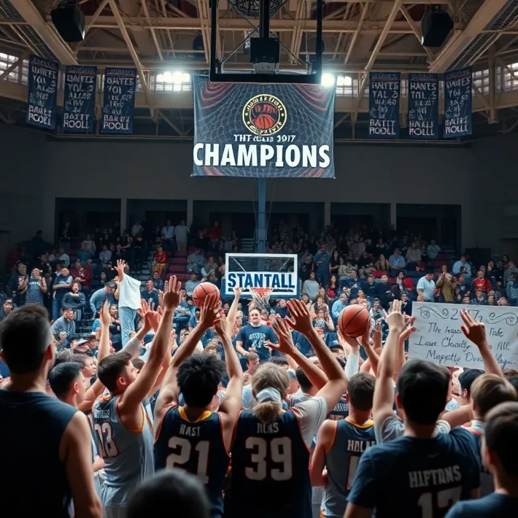Great Crossing High School basketball team celebrating their championship win.