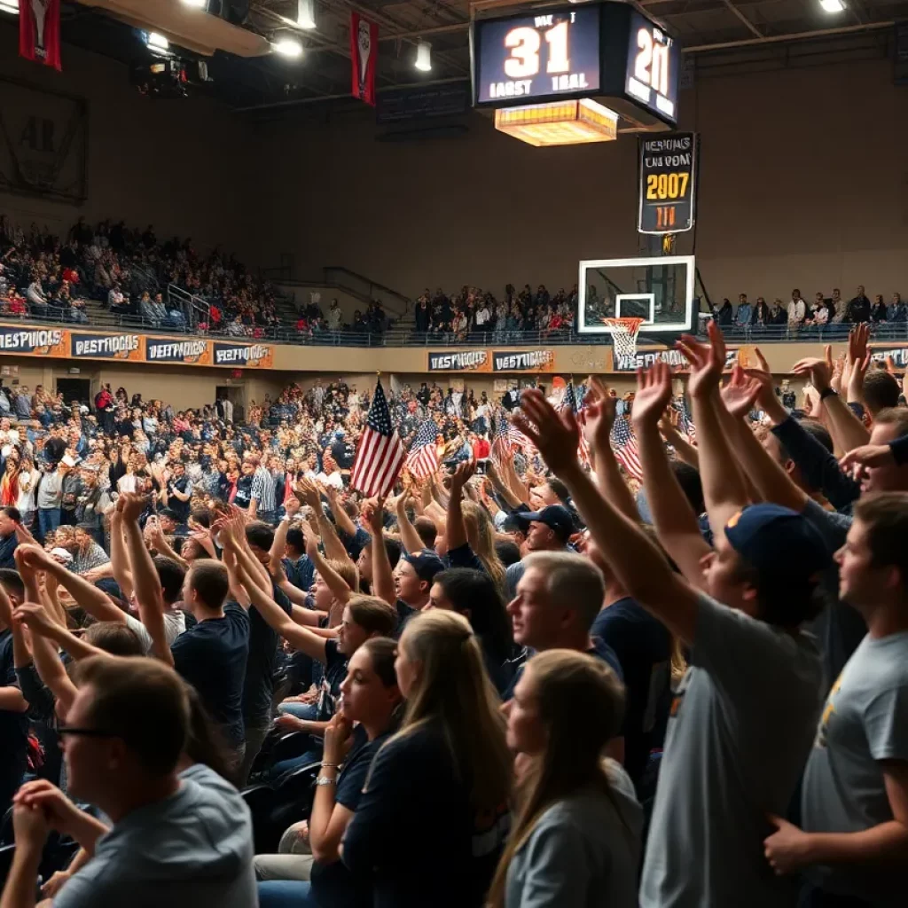 Crowd cheering for Greater Lansing basketball teams in an arena