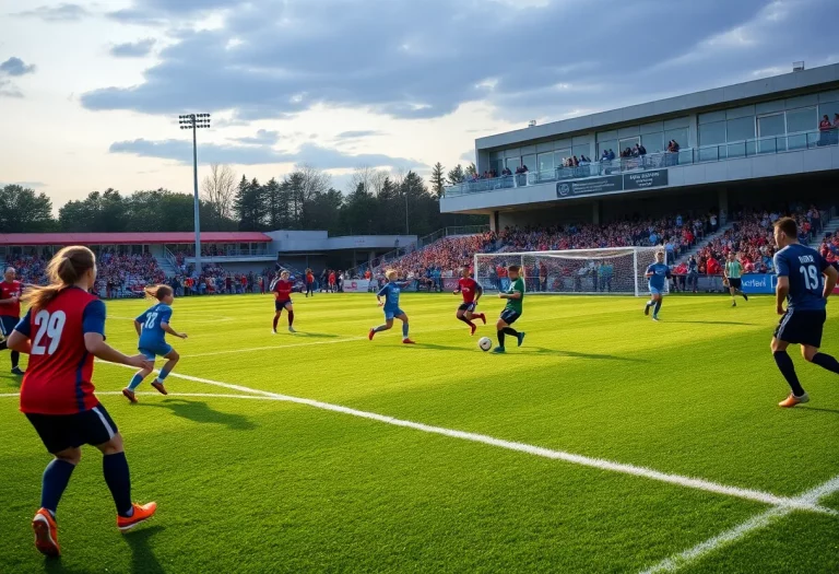 Players competing in a soccer match at a high school field.