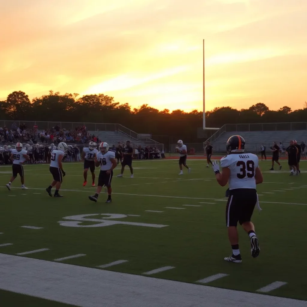 High school football team practicing on a field at sunset