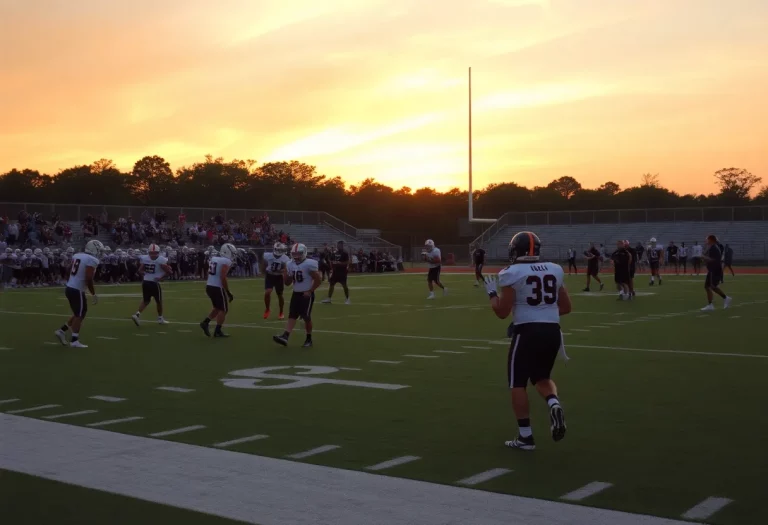 High school football team practicing on a field at sunset