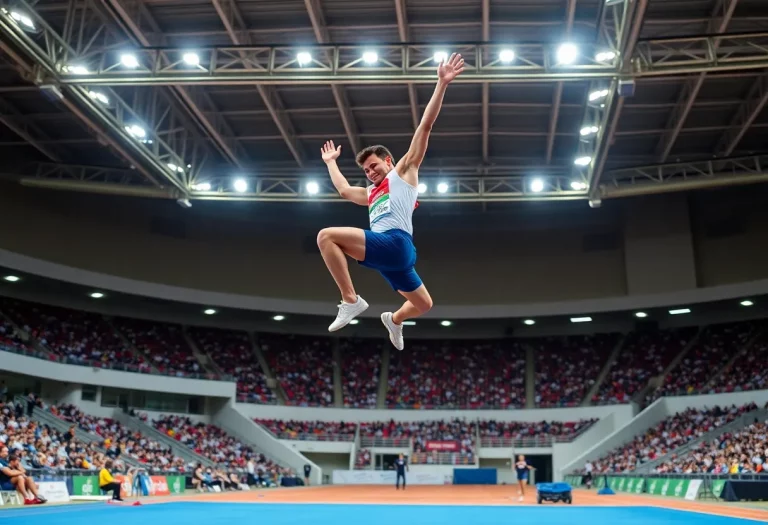 Athlete in mid-air performing a high jump at an indoor track and field championship.