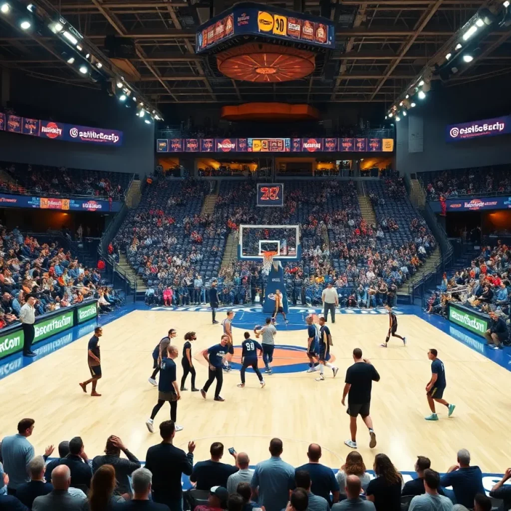 Excitement in the Oshkosh Arena during the High School All-Star Game, with players and fans engaged.
