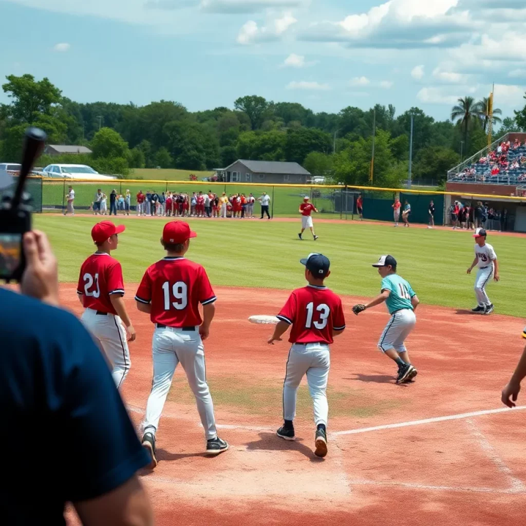 Young athletes playing baseball on a field