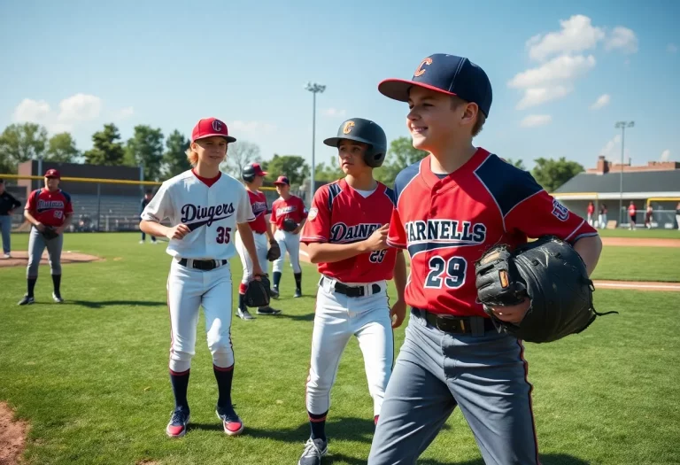 Group of high school baseball players playing a game on the field.