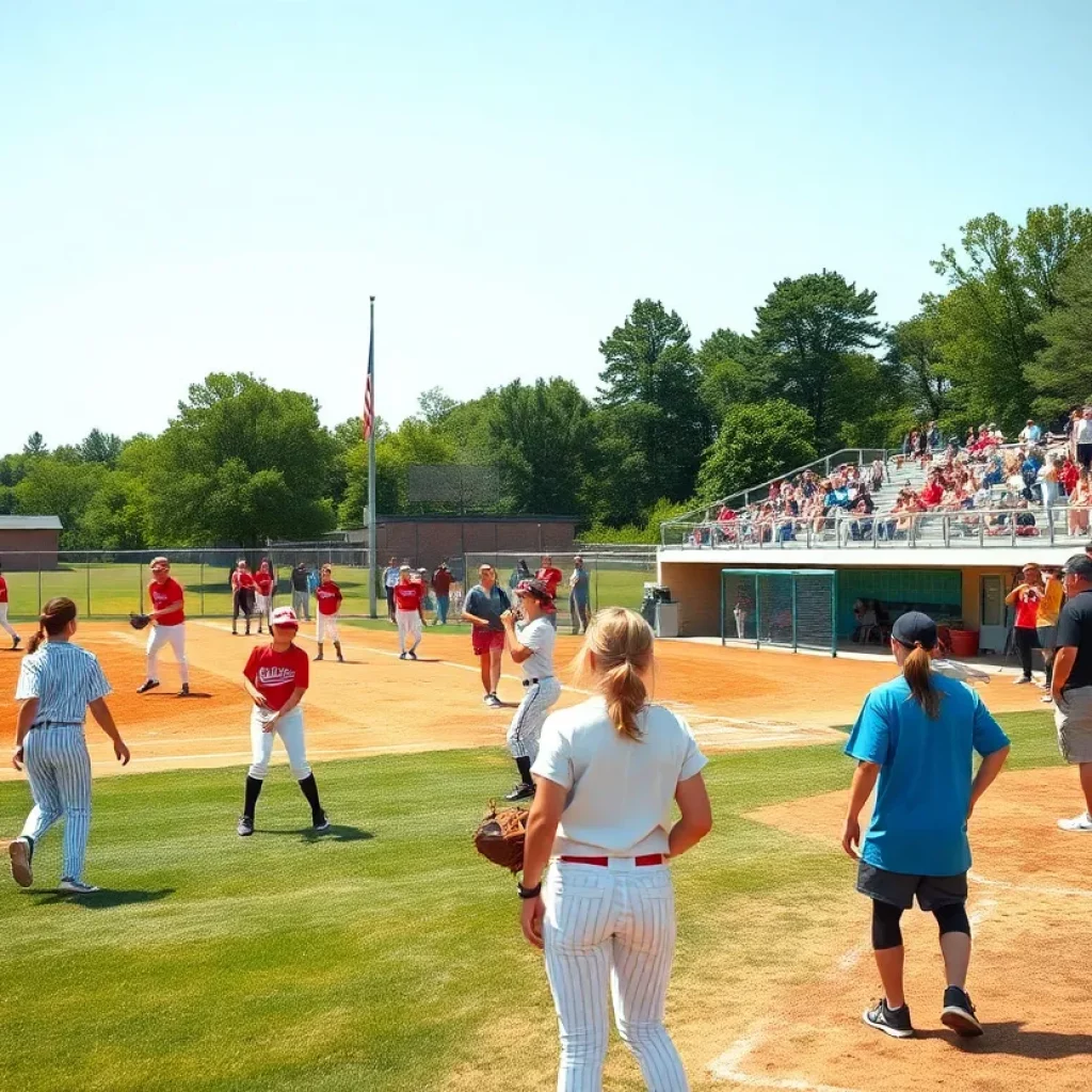 Players engaged in high school baseball and softball games with cheering fans