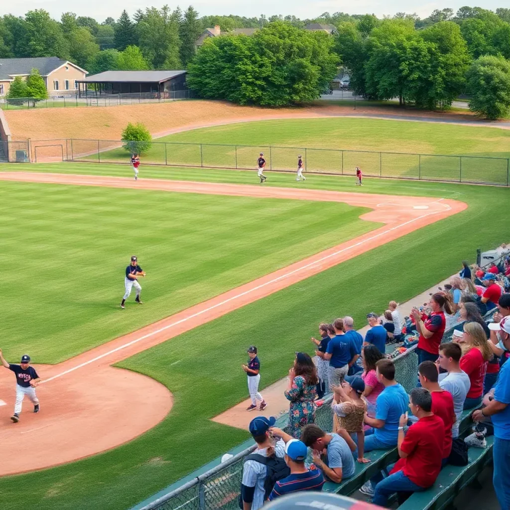 Teams warming up on a high school baseball and softball field